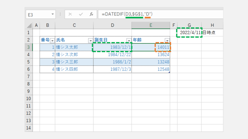 DATEDIF関数を使って誕生日から経過した日数を表示する